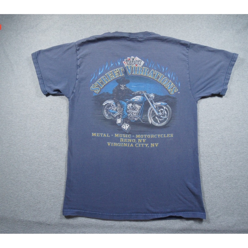 Vintage Street Vibrations Shirt Mens Large Blue Motorcycle Graphic Tee Y2K Skull